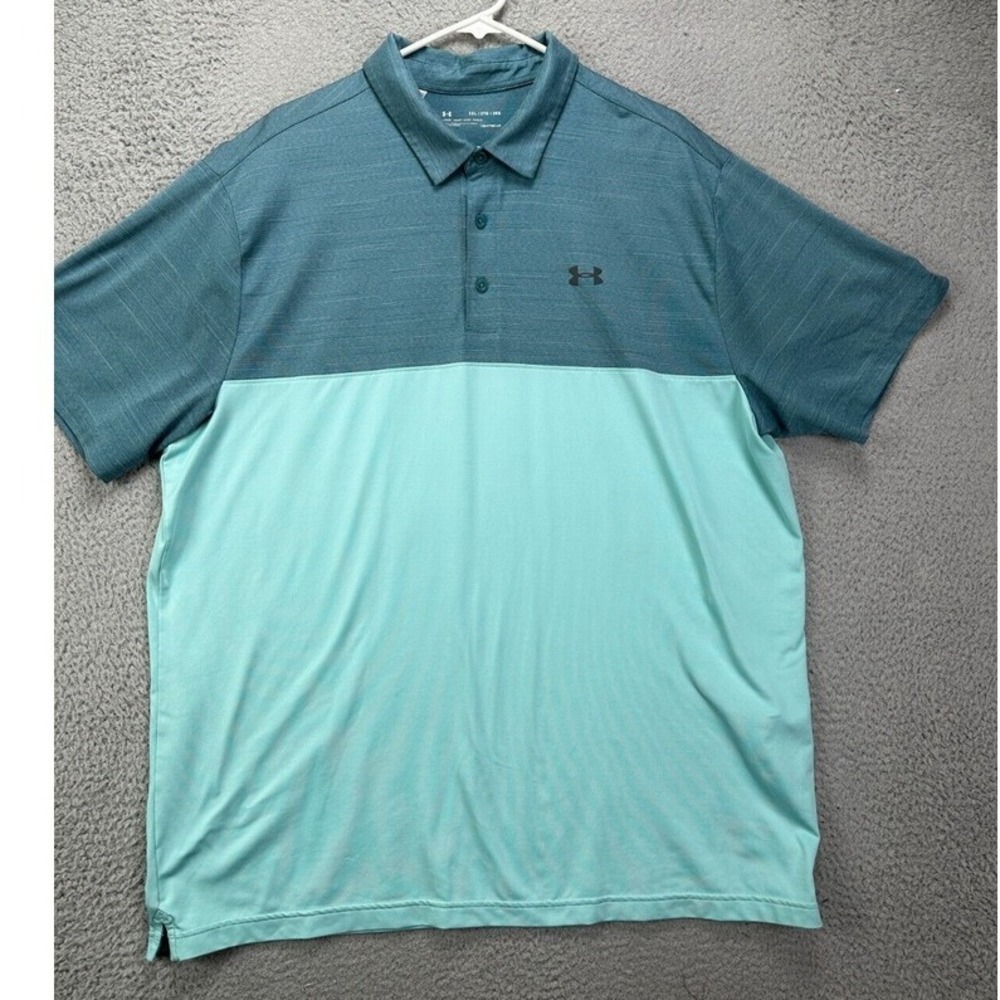 Under Armour Polo Shirt Mens 2XL HeatGear Teal Green Colorblock Loose Golf Rugby